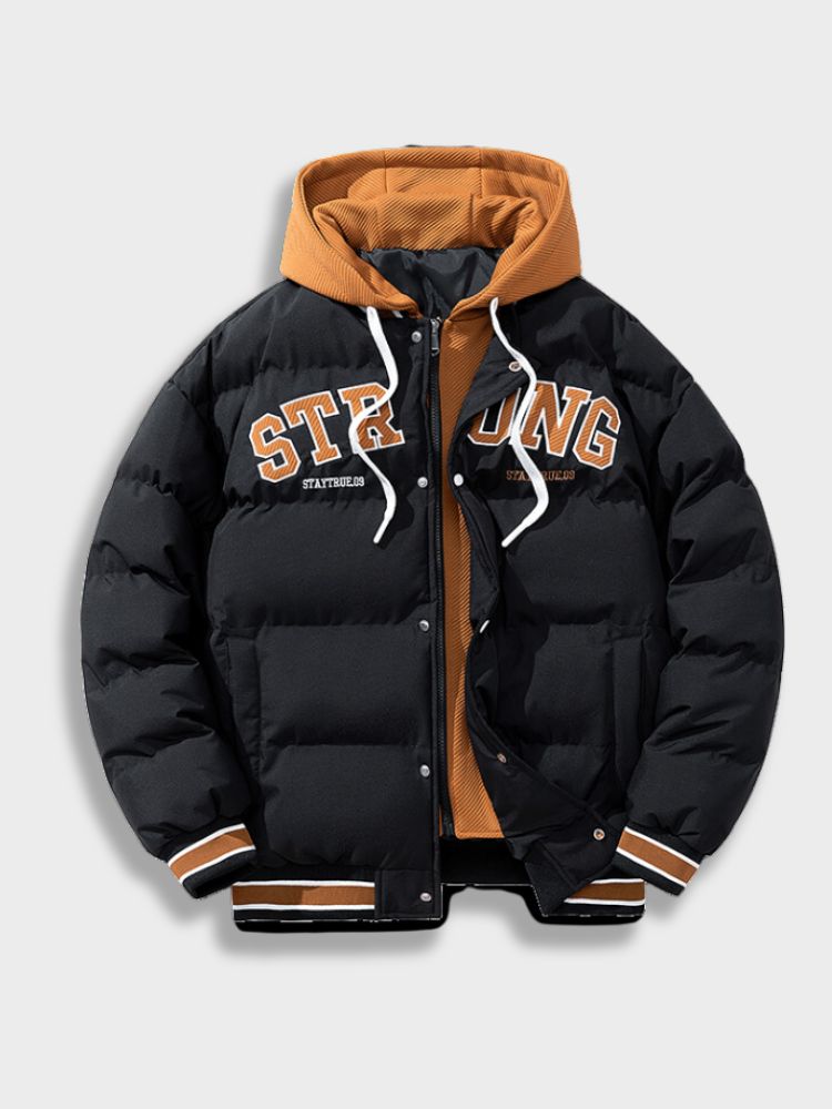 BROWN PUFFER JACKET WITH WHITE LETTERING FOR COZY COMFORT EVERYDAY WEAR