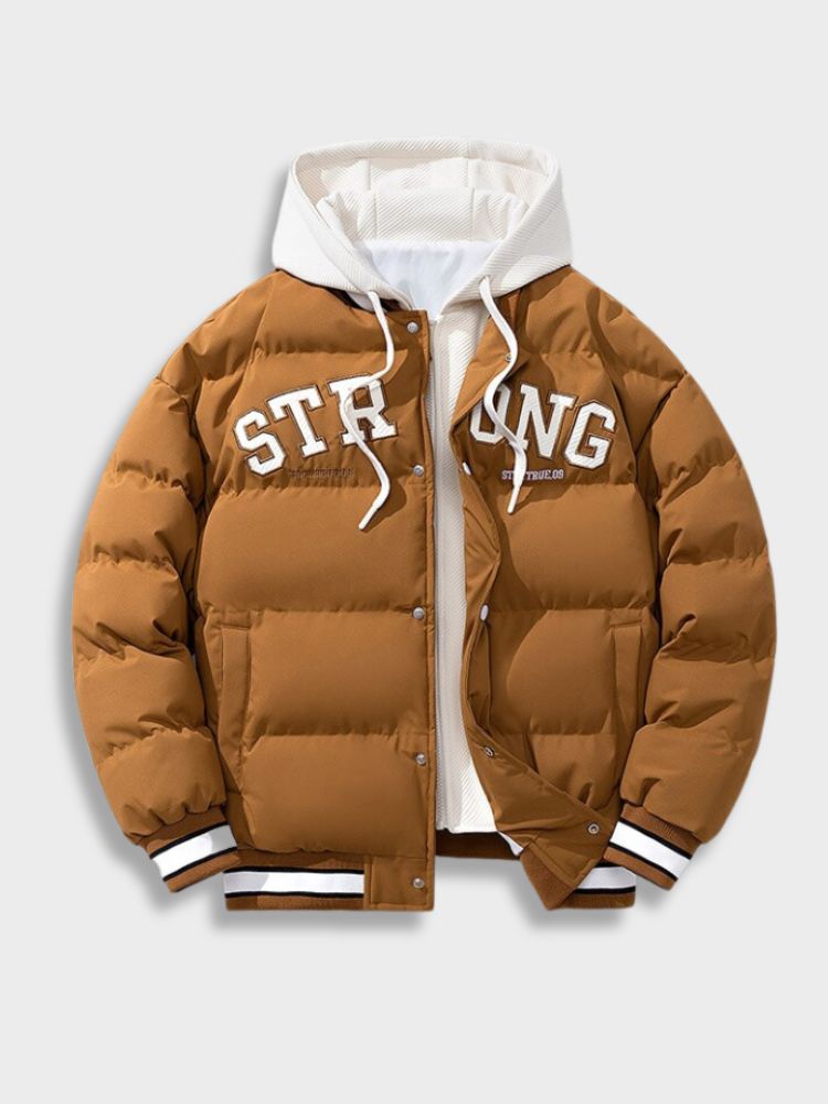 BROWN PUFFER JACKET WITH WHITE LETTERING FOR COZY COMFORT EVERYDAY WEAR