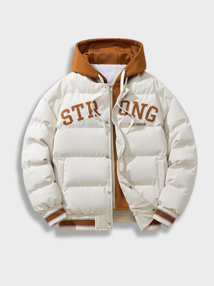 BROWN PUFFER JACKET WITH WHITE LETTERING FOR COZY COMFORT EVERYDAY WEAR