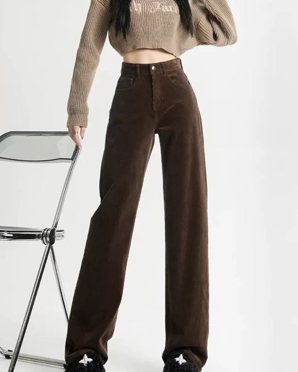 BROWN RETRO WIDE-LEG CORDUROY PANTS HIGH-WAISTED CORDUROY