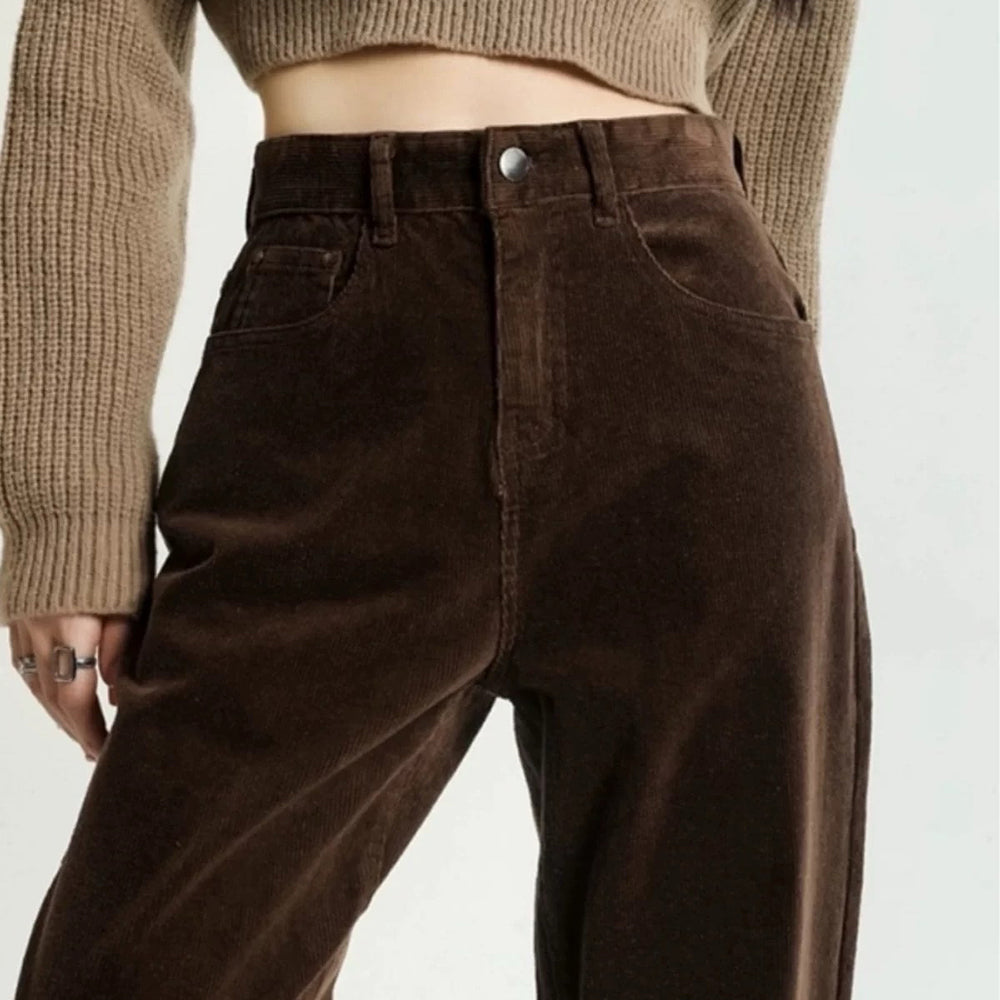 BROWN RETRO WIDE-LEG CORDUROY PANTS HIGH-WAISTED CORDUROY