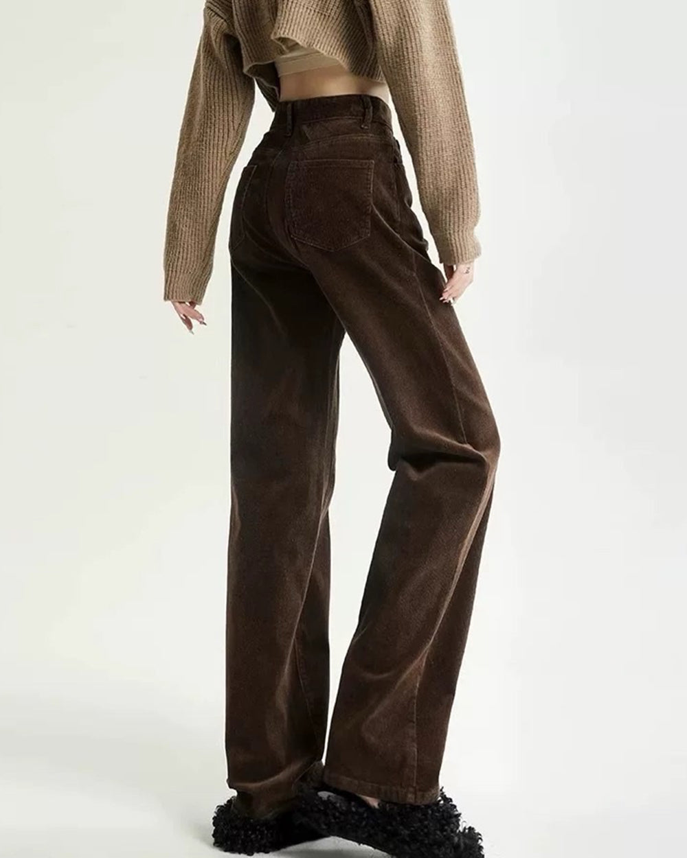 BROWN RETRO WIDE-LEG CORDUROY PANTS HIGH-WAISTED CORDUROY