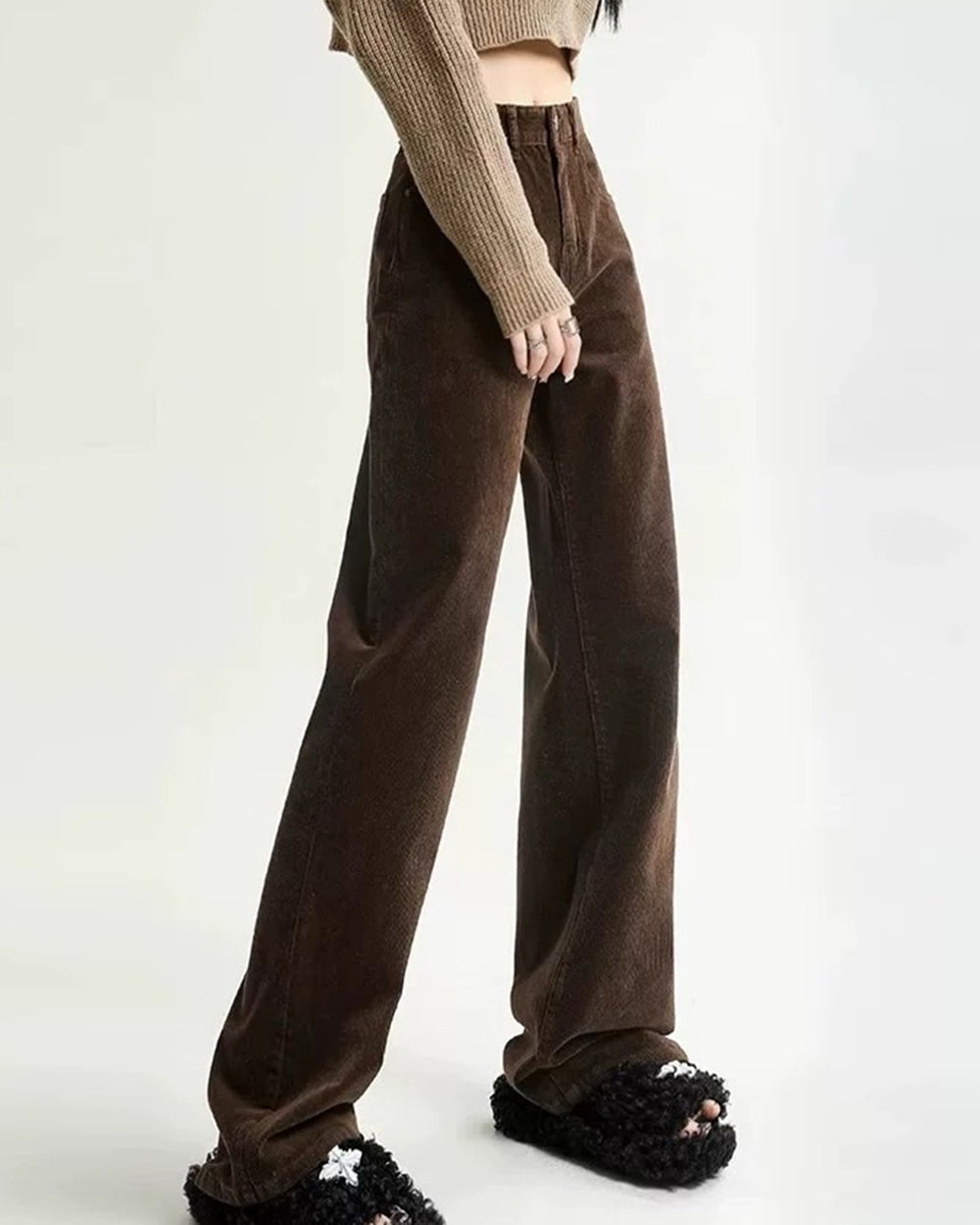 BROWN RETRO WIDE-LEG CORDUROY PANTS HIGH-WAISTED CORDUROY