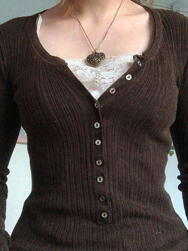 BROWN RIBBED LONG SLEEVE BUTTON-UP SHIRT - LONG SLEEVE KNIT TOP
