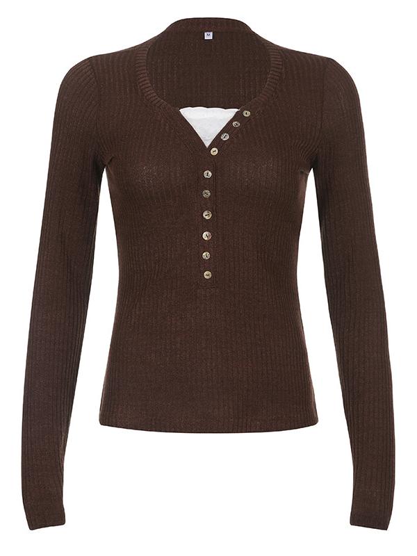 BROWN RIBBED LONG SLEEVE BUTTON-UP SHIRT - LONG SLEEVE KNIT TOP