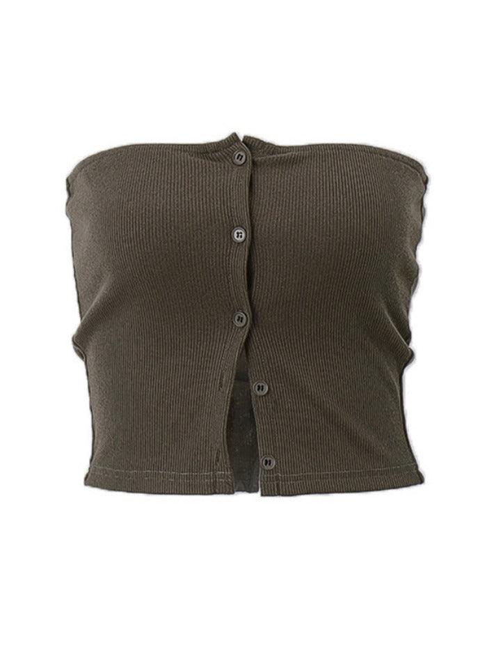 BROWN RIBBED STRAPLESS TOP WITH BUTTONS - VERSATILE BANDEAU TOPS