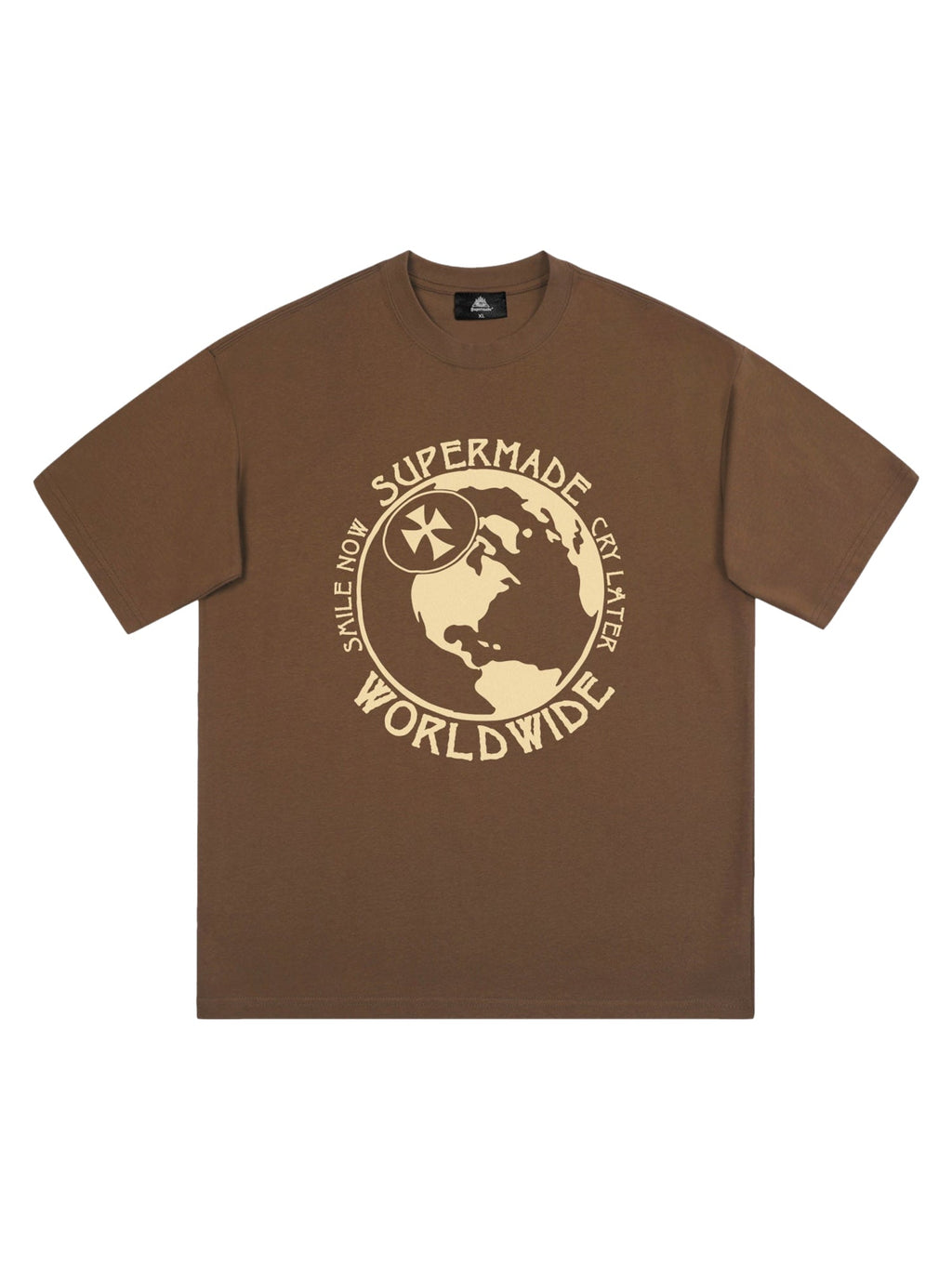 BROWN SHORT SLEEVE T-SHIRT WITH GLOBE GRAPHIC CHIC PRINTED CASUAL