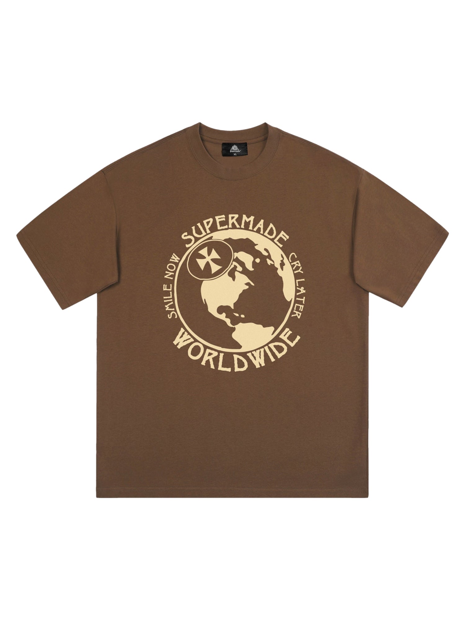 BROWN SHORT SLEEVE T-SHIRT WITH GLOBE GRAPHIC CHIC PRINTED CASUAL