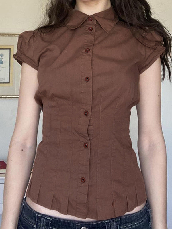 BROWN SHORT-SLEEVED BUTTON-DOWN SHIRT SLIM FIT VINTAGE CASUAL