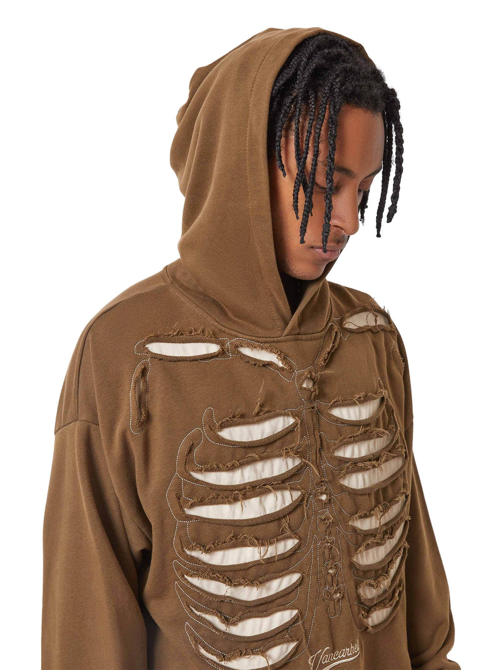 BROWN SKELETON HOODIE WITH EMBROIDERED CASUAL ROUND COLLAR