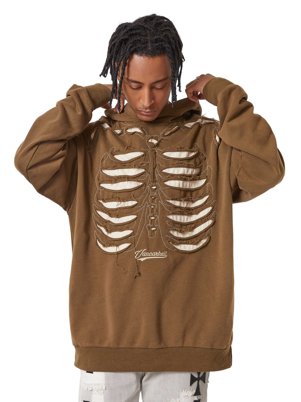 BROWN SKELETON HOODIE WITH EMBROIDERED CASUAL ROUND COLLAR