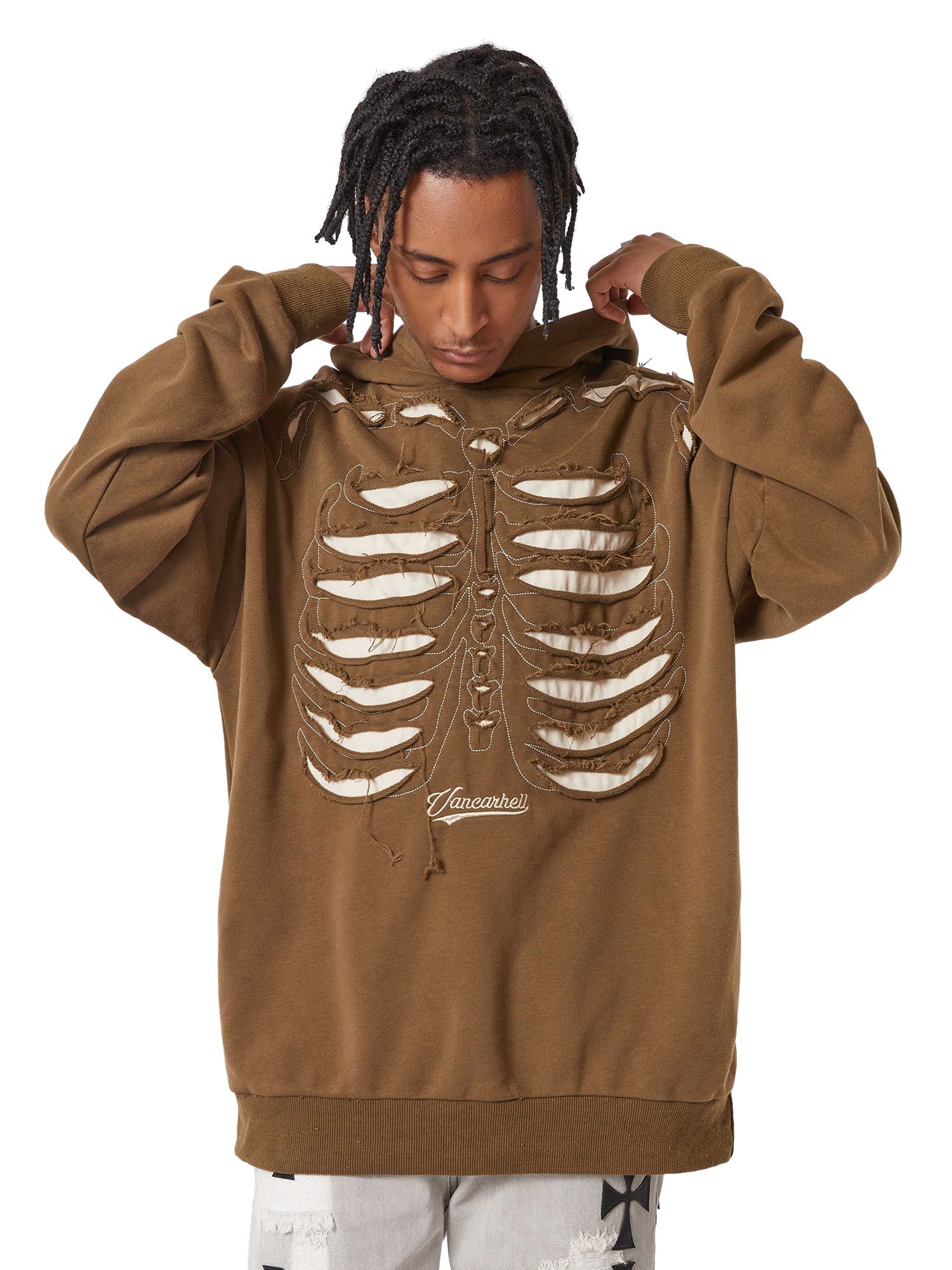 BROWN SKELETON HOODIE WITH EMBROIDERED CASUAL ROUND COLLAR