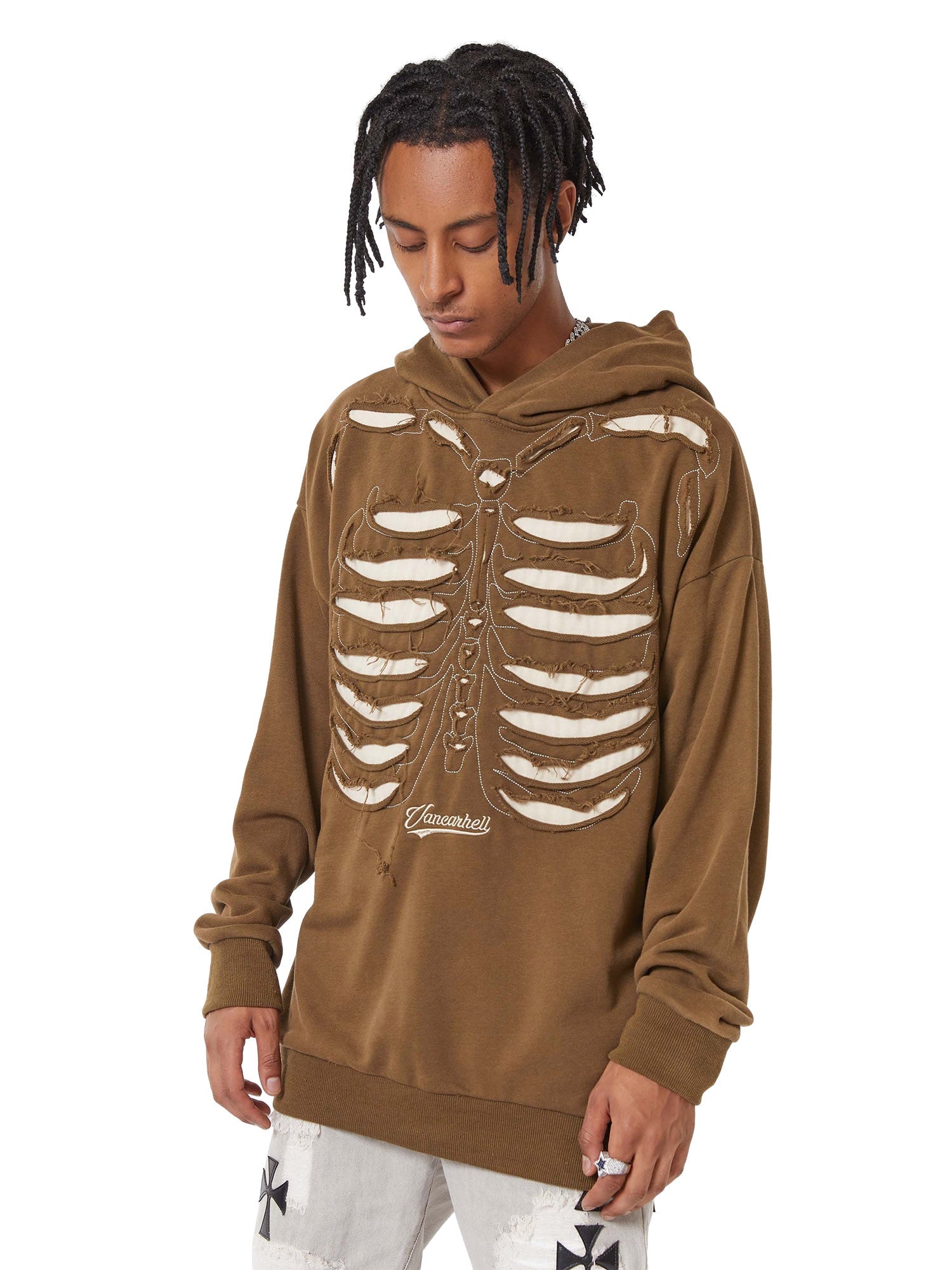 BROWN SKELETON HOODIE WITH EMBROIDERED CASUAL ROUND COLLAR