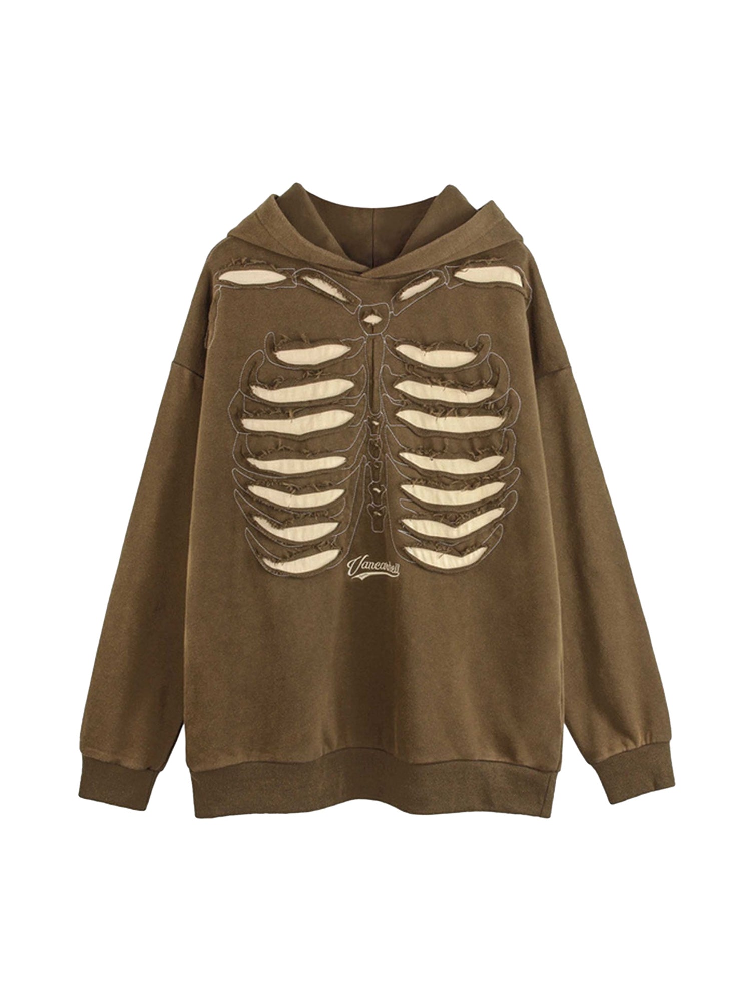 BROWN SKELETON HOODIE WITH EMBROIDERED CASUAL ROUND COLLAR