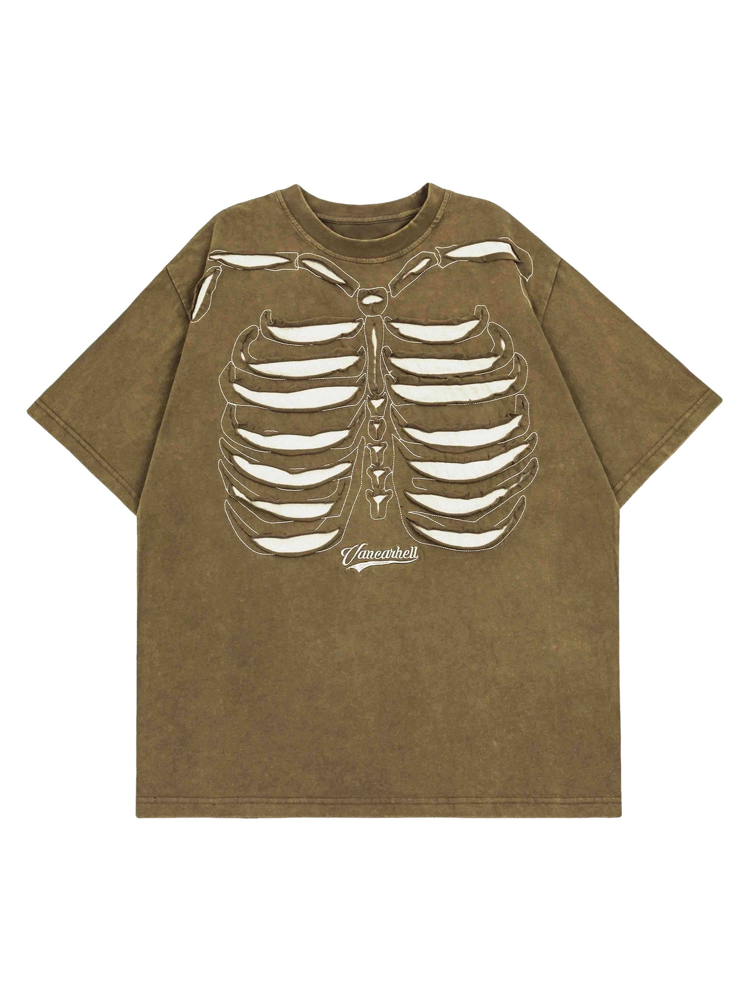 BROWN SKELETON RIB CAGE T-SHIRT WITH LOOSE FIT AND DROPPED SHOULDERS
