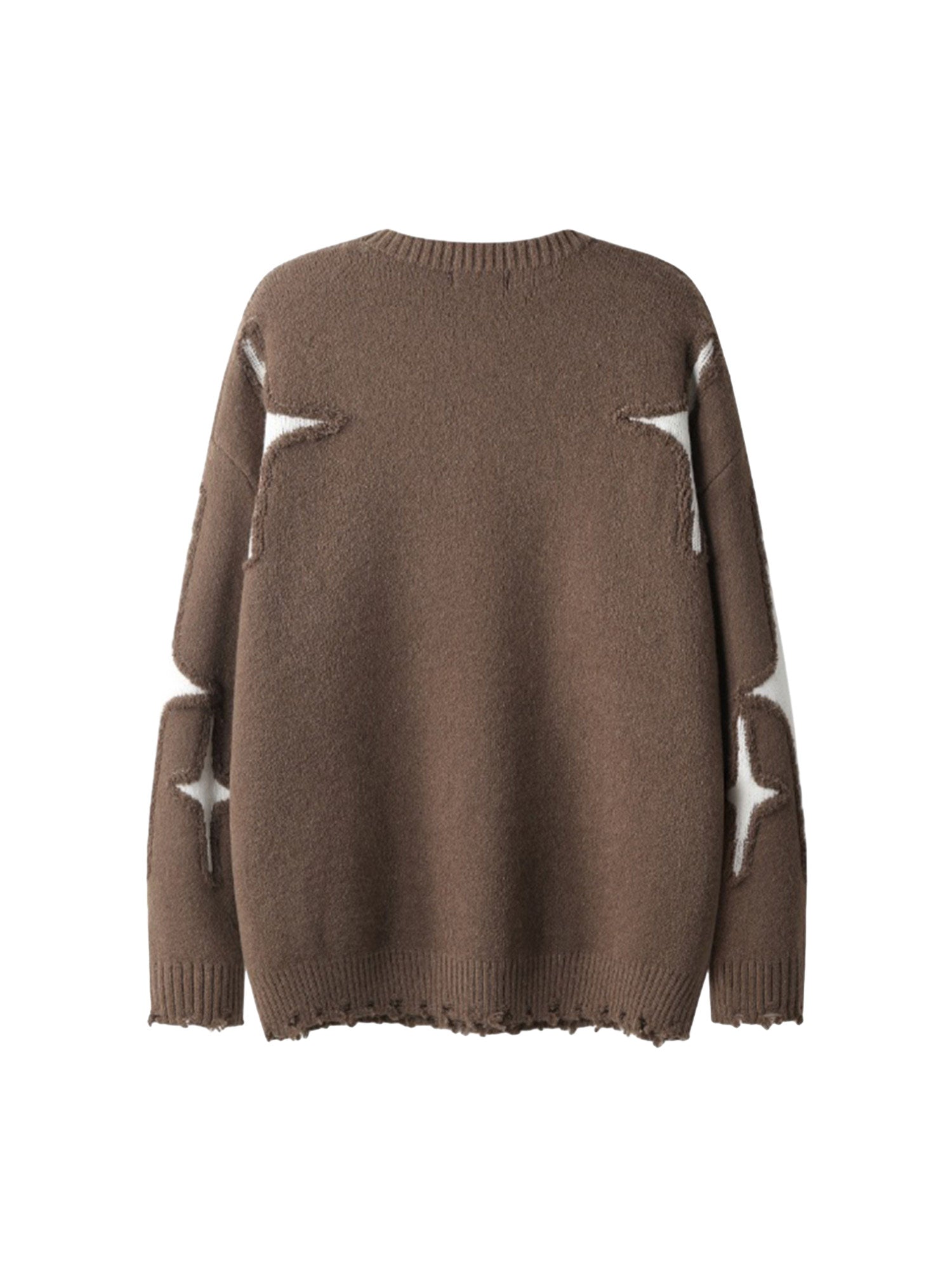 BROWN STAR PATTERN LONG SLEEVE PULLOVER WITH RIPPED COLLAR