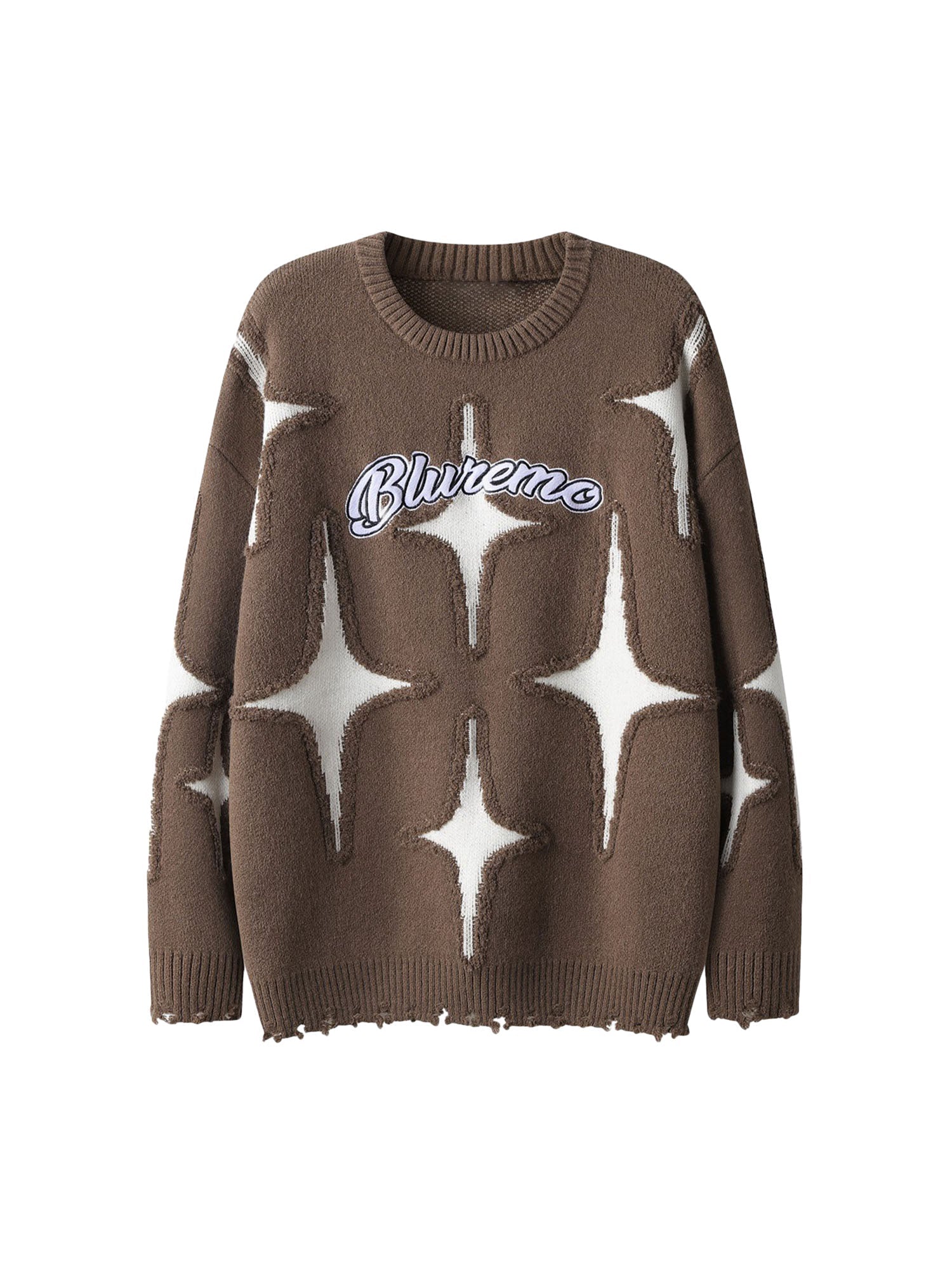 BROWN STAR PATTERN LONG SLEEVE PULLOVER WITH RIPPED COLLAR