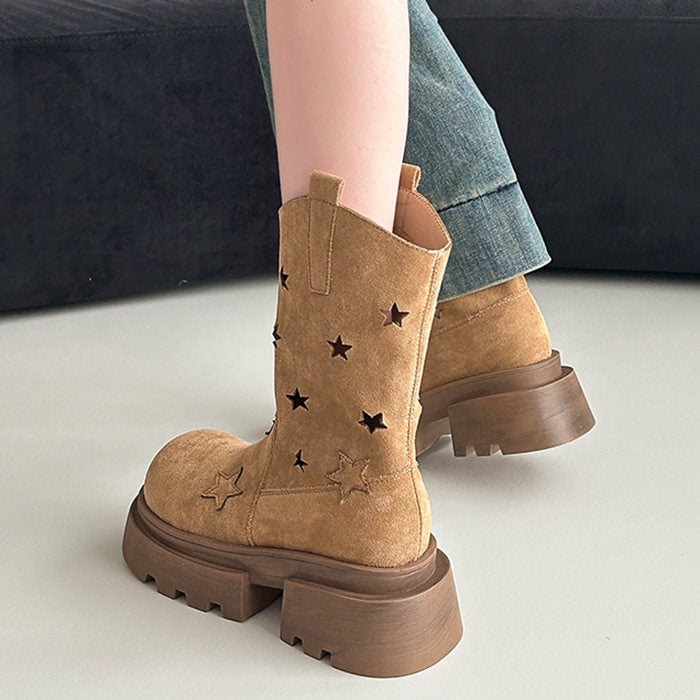 BROWN STAR PLATFORM BOOTS WESTERN-INSPIRED DESIGN