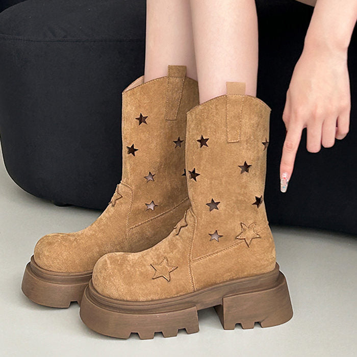 BROWN STAR PLATFORM BOOTS WESTERN-INSPIRED DESIGN