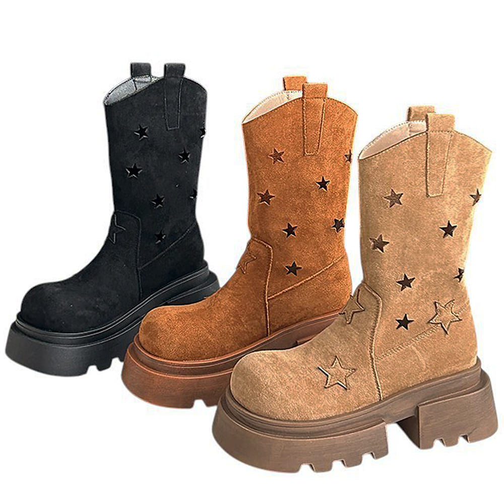 BROWN STAR PLATFORM BOOTS WESTERN-INSPIRED DESIGN