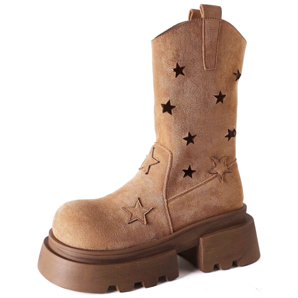 BROWN STAR PLATFORM BOOTS WESTERN-INSPIRED DESIGN