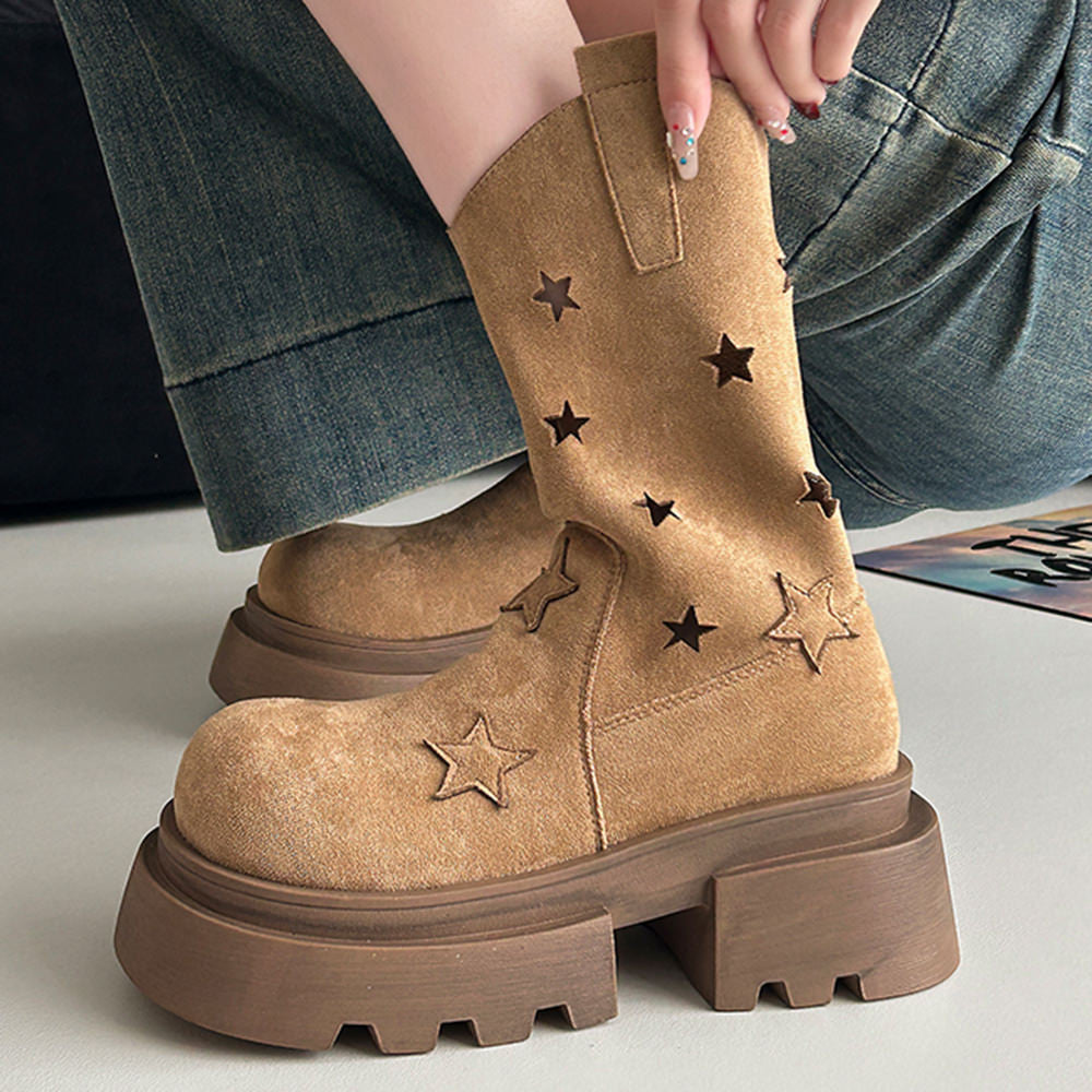 BROWN STAR PLATFORM BOOTS WESTERN-INSPIRED DESIGN