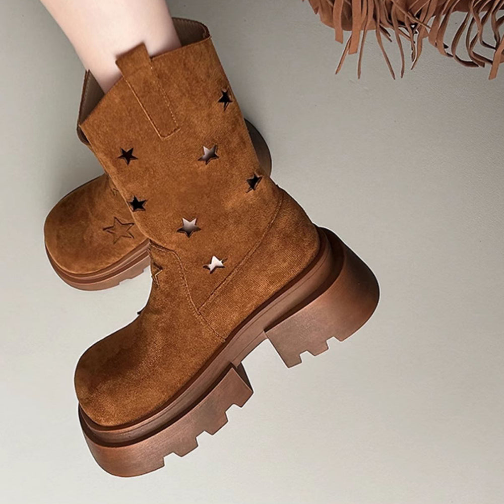 BROWN STAR PLATFORM BOOTS WESTERN-INSPIRED DESIGN