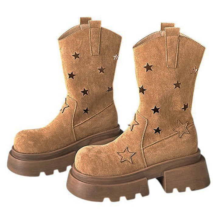 BROWN STAR PLATFORM BOOTS WESTERN-INSPIRED DESIGN