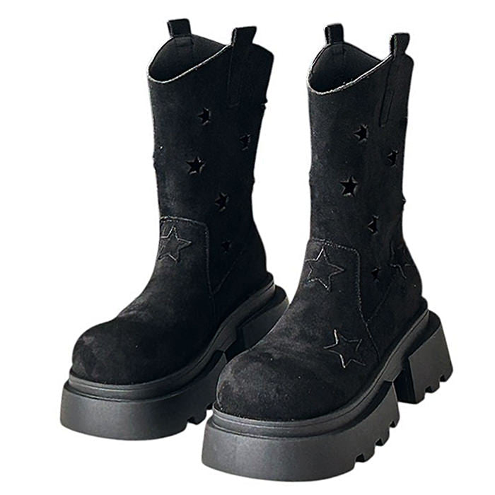 BROWN STAR PLATFORM BOOTS WESTERN-INSPIRED DESIGN