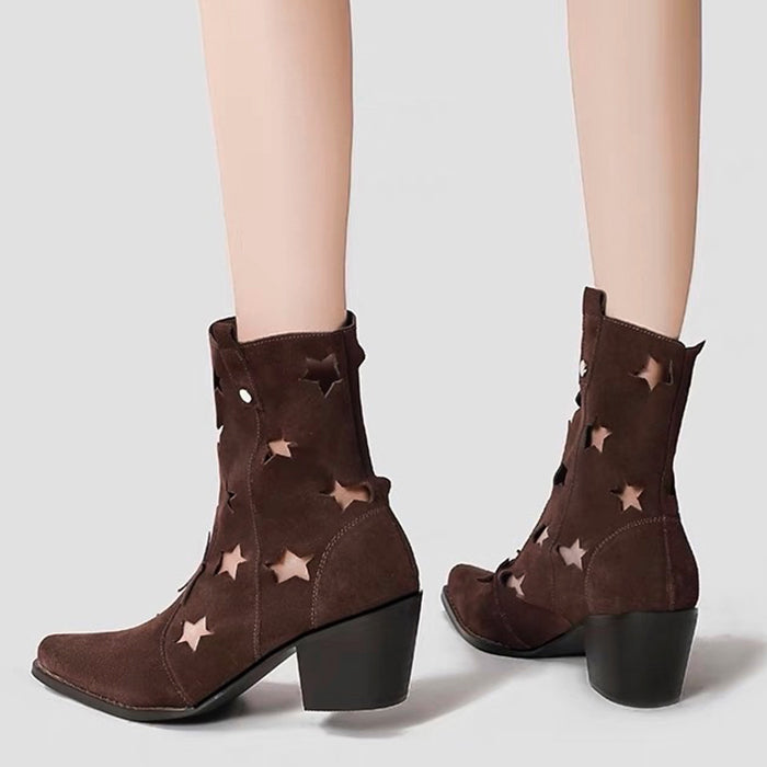 BROWN SUEDE COWBOY BOOTS WITH STAR CUTOUTS