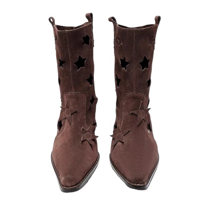 BROWN SUEDE COWBOY BOOTS WITH STAR CUTOUTS