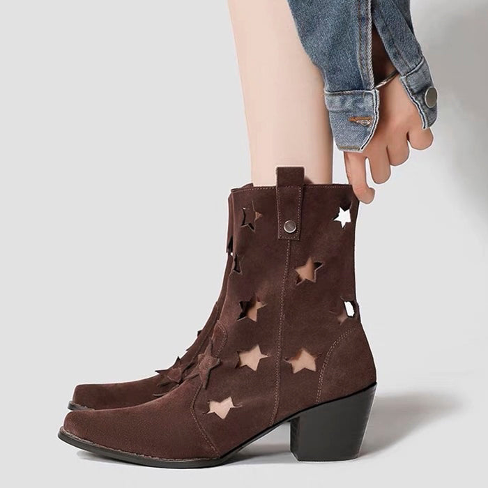 BROWN SUEDE COWBOY BOOTS WITH STAR CUTOUTS