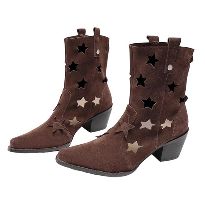 BROWN SUEDE COWBOY BOOTS WITH STAR CUTOUTS