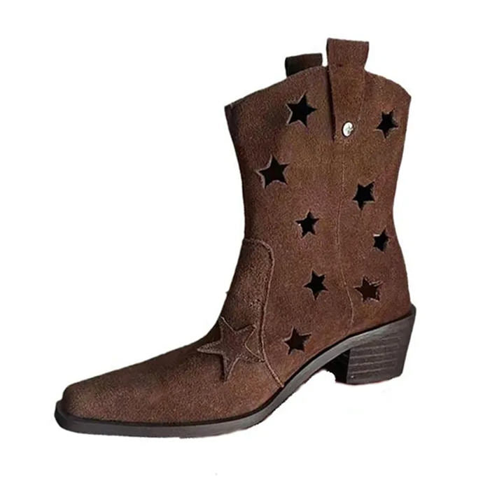 BROWN SUEDE COWBOY BOOTS WITH STAR CUTOUTS