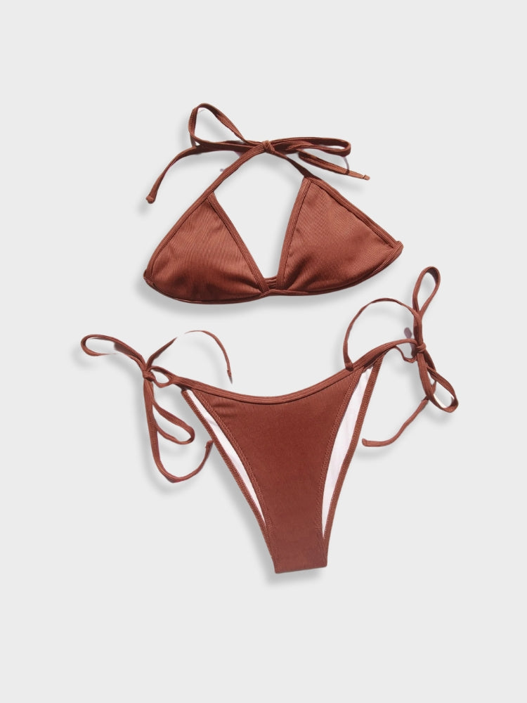 BROWN TIE-STRING BIKINI SET WITH MATCHING SKIRT