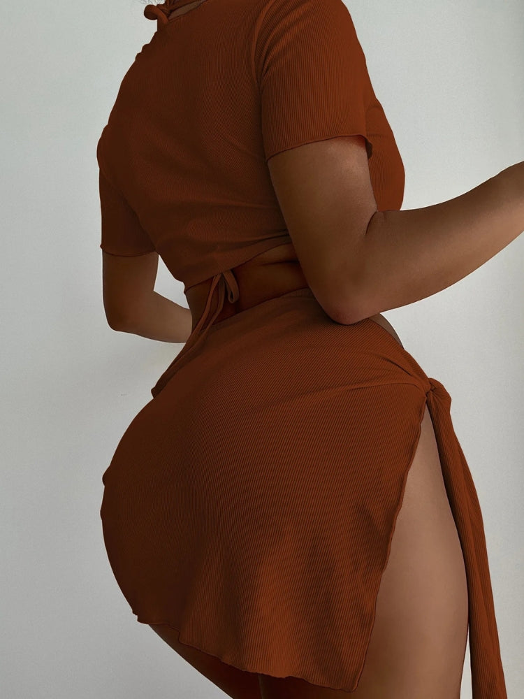 BROWN TIE-STRING BIKINI SET WITH MATCHING SKIRT