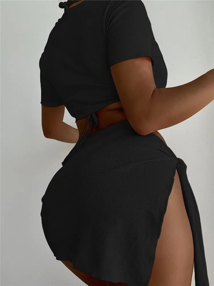 BROWN TIE-STRING BIKINI SET WITH MATCHING SKIRT