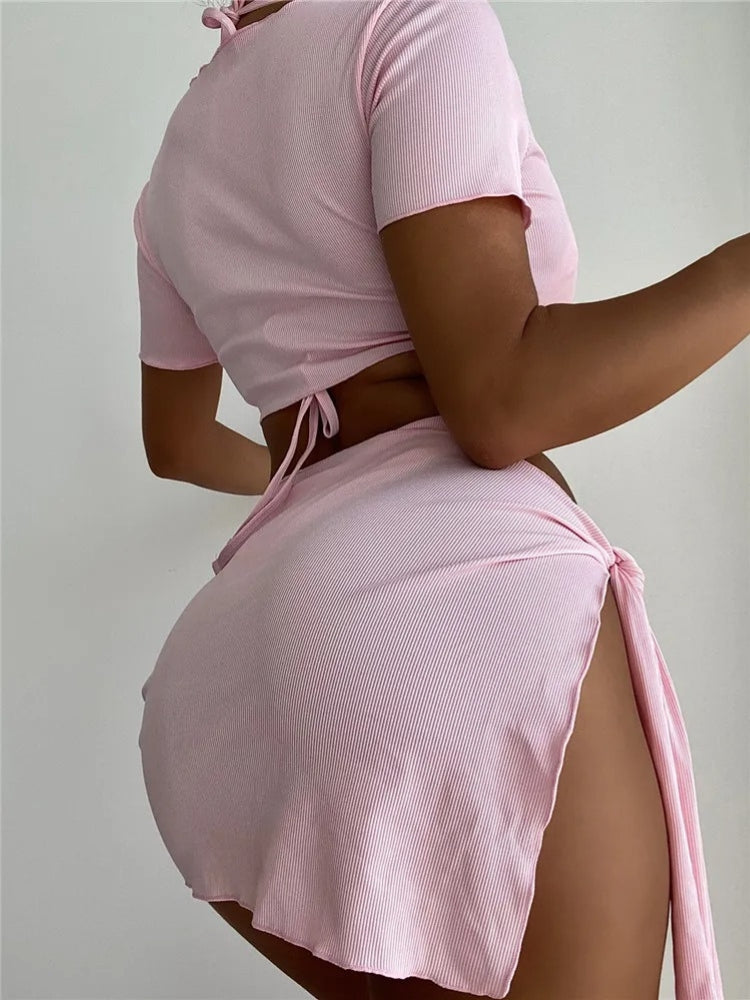 BROWN TIE-STRING BIKINI SET WITH MATCHING SKIRT