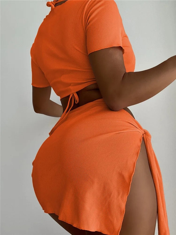 BROWN TIE-STRING BIKINI SET WITH MATCHING SKIRT