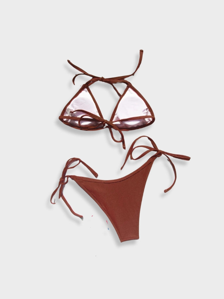 BROWN TIE-STRING BIKINI SET WITH MATCHING SKIRT