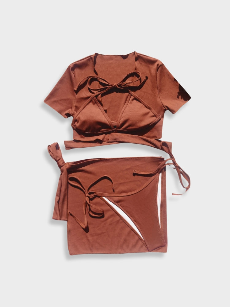 BROWN TIE-STRING BIKINI SET WITH MATCHING SKIRT
