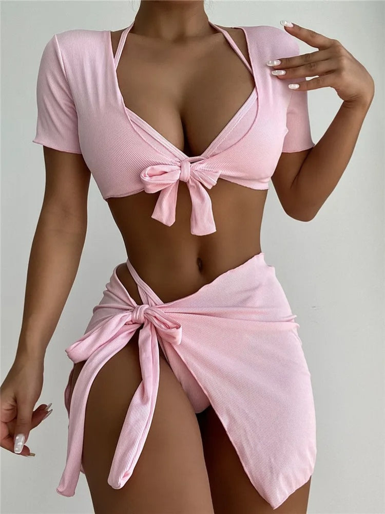 BROWN TIE-STRING BIKINI SET WITH MATCHING SKIRT