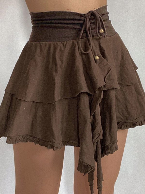 BROWN TIERED MINI SKIRT WITH VINTAGE LACE FOR A FEMININE TOUCH