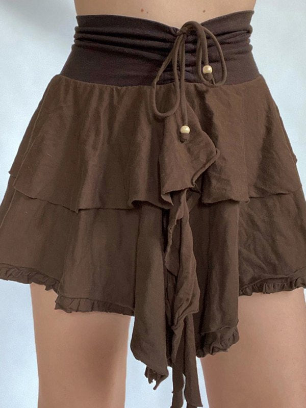 BROWN TIERED MINI SKIRT WITH VINTAGE LACE FOR A FEMININE TOUCH