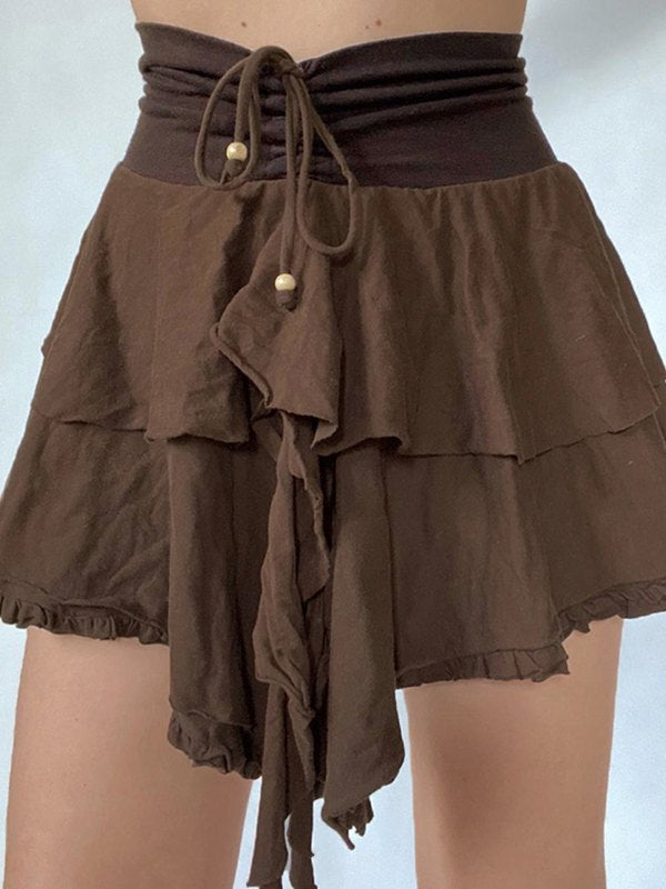 BROWN TIERED MINI SKIRT WITH VINTAGE LACE FOR A FEMININE TOUCH