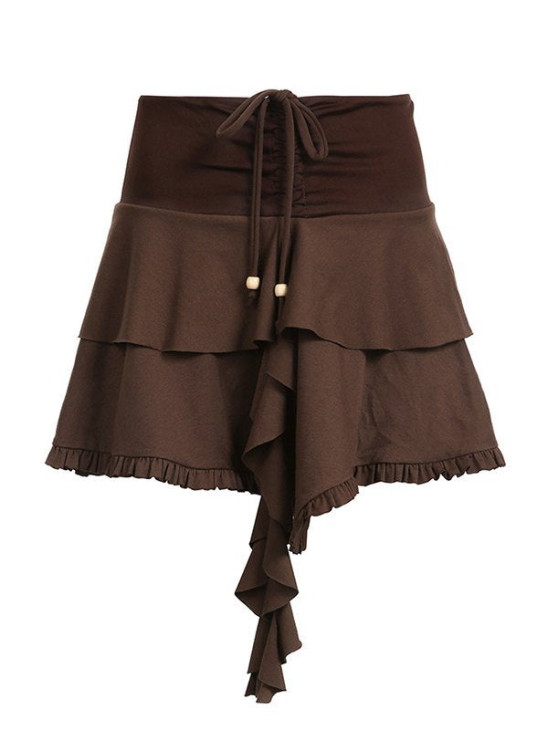 BROWN TIERED MINI SKIRT WITH VINTAGE LACE FOR A FEMININE TOUCH