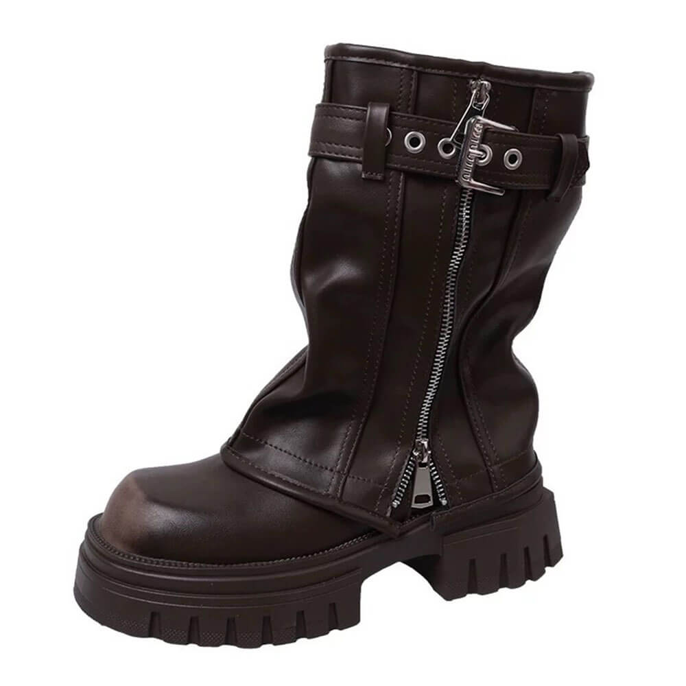 BROWN VEGAN LEATHER HIGH SHAFT BOOTS WITH METAL STRAP