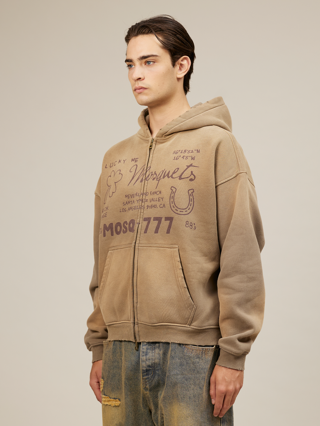 BROWN ZIP-UP HOODIE WITH GRAPHICS HANDMADE OVERSIZED DESIGN