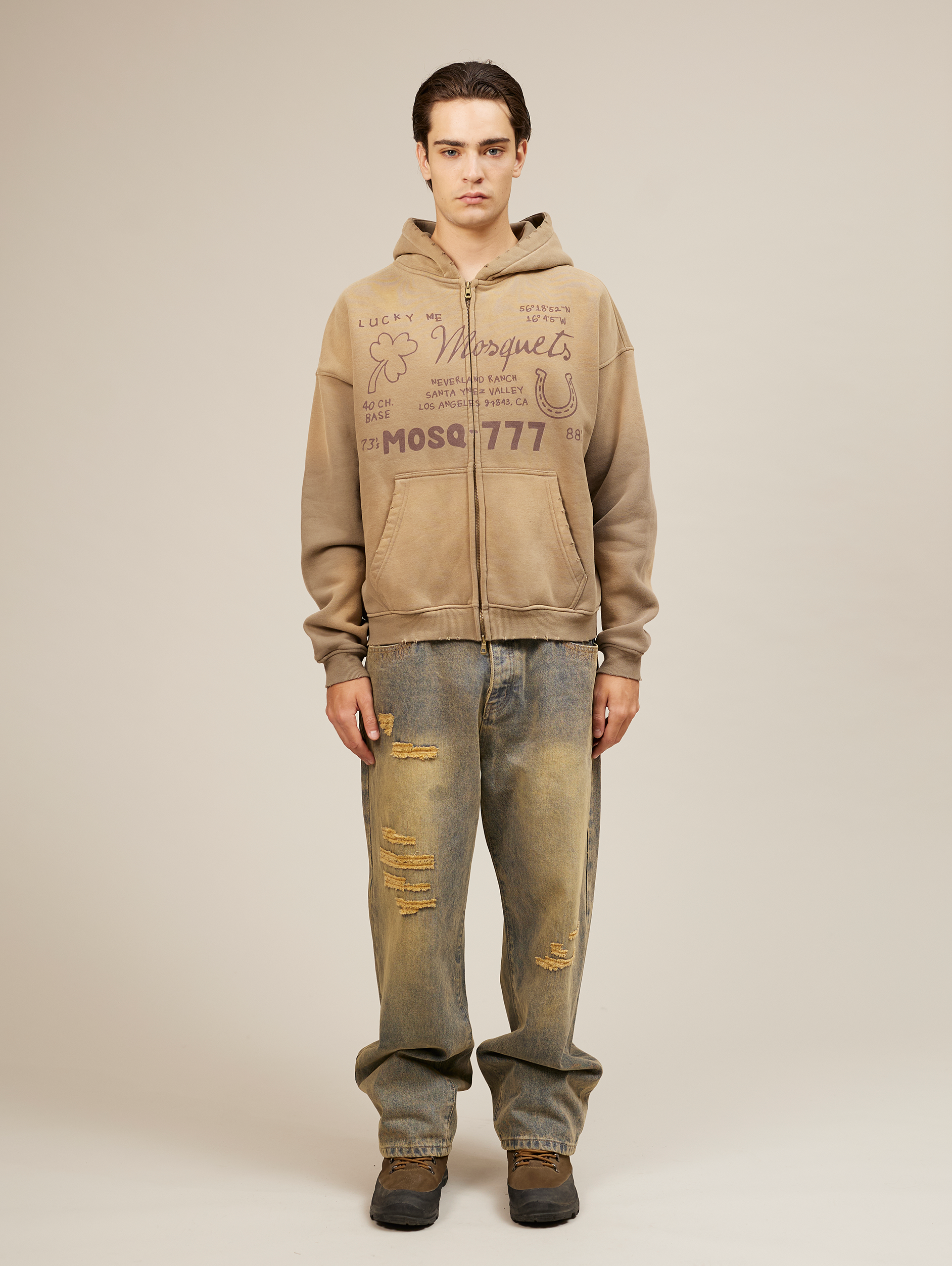 BROWN ZIP-UP HOODIE WITH GRAPHICS HANDMADE OVERSIZED DESIGN