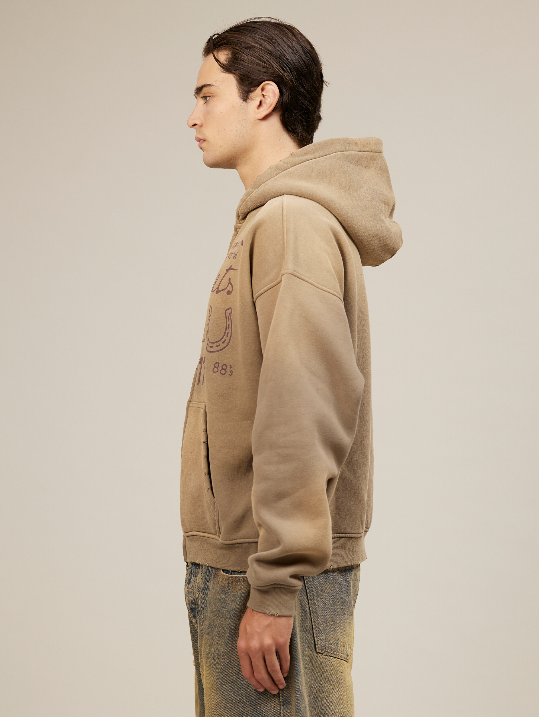 BROWN ZIP-UP HOODIE WITH GRAPHICS HANDMADE OVERSIZED DESIGN